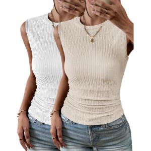 image:imageZeagoo Womens High Neck Tank Top 2026 Summer Casual Ribbed Knit Slim Fitted Basic Textured Sleeveless Shirts2 Pack White  Beige