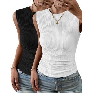 image:imageZeagoo Womens High Neck Tank Top 2026 Summer Casual Ribbed Knit Slim Fitted Basic Textured Sleeveless Shirts2 Pack White  Black