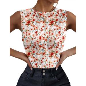 image:imageZeagoo Womens High Neck Tank Top 2026 Summer Casual Ribbed Knit Slim Fitted Basic Textured Sleeveless ShirtsAfloral Orange