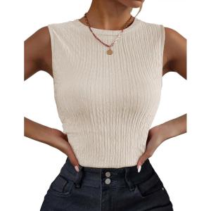 image:imageZeagoo Womens High Neck Tank Top 2026 Summer Casual Ribbed Knit Slim Fitted Basic Textured Sleeveless ShirtsBeige