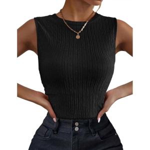 image:imageZeagoo Womens High Neck Tank Top 2026 Summer Casual Ribbed Knit Slim Fitted Basic Textured Sleeveless ShirtsBlack