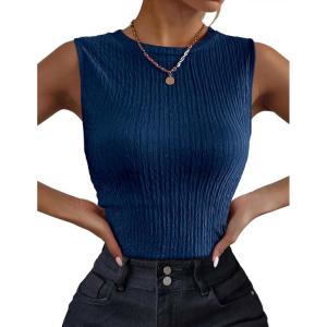 image:imageZeagoo Womens High Neck Tank Top 2026 Summer Casual Ribbed Knit Slim Fitted Basic Textured Sleeveless ShirtsBlue