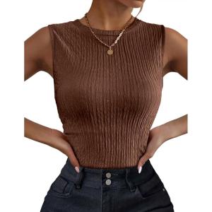 image:imageZeagoo Womens High Neck Tank Top 2026 Summer Casual Ribbed Knit Slim Fitted Basic Textured Sleeveless ShirtsBrown