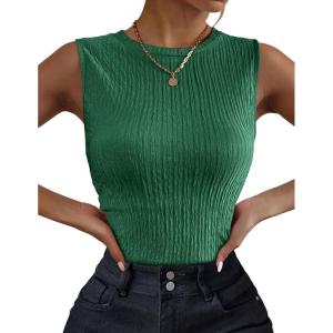image:imageZeagoo Womens High Neck Tank Top 2026 Summer Casual Ribbed Knit Slim Fitted Basic Textured Sleeveless ShirtsGreen