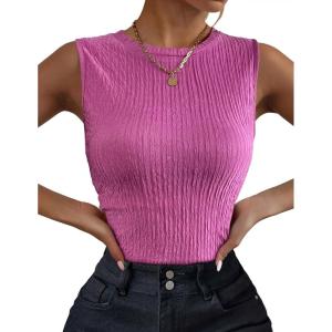 image:imageZeagoo Womens High Neck Tank Top 2026 Summer Casual Ribbed Knit Slim Fitted Basic Textured Sleeveless ShirtsHot Pink