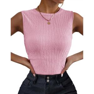 image:imageZeagoo Womens High Neck Tank Top 2026 Summer Casual Ribbed Knit Slim Fitted Basic Textured Sleeveless ShirtsLight Pink