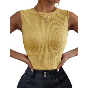 image:imageZeagoo Womens High Neck Tank Top 2026 Summer Casual Ribbed Knit Slim Fitted Basic Textured Sleeveless ShirtsYellow