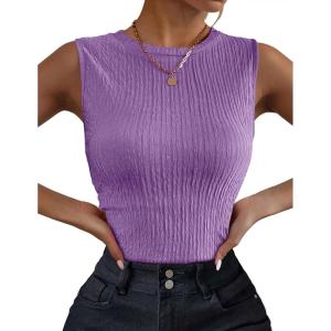 image:imageZeagoo Womens High Neck Tank Top 2026 Summer Casual Ribbed Knit Slim Fitted Basic Textured Sleeveless ShirtsZpurple