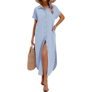 image:imageZeagoo Womens Summer Casual Short Sleeve Button Down Long Shirt Dresses Loose Swimsuit Beach Cover Ups with Pockets01blue Stripe