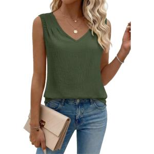 image:imageZeagoo Womens Tank Tops Pleated V Neck Business Casual Sleeveless Blouse Trendy Dressy Textured Summer Work ShirtsArmy Green