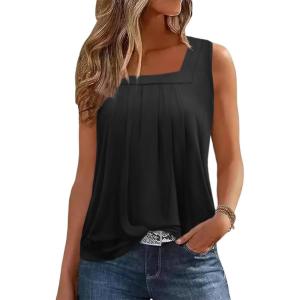 image:imageZeagoo Womens Tank Tops Summer Sleeveless Loose Fit Square Neck Pleated Shirts Banded Basic Casual Trendy ClothesBblack