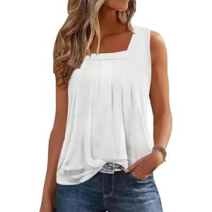 image:imageZeagoo Womens Tank Tops Summer Sleeveless Loose Fit Square Neck Pleated Shirts Banded Basic Casual Trendy ClothesBwhite