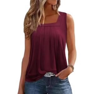 image:imageZeagoo Womens Tank Tops Summer Sleeveless Loose Fit Square Neck Pleated Shirts Banded Basic Casual Trendy ClothesBwine Red
