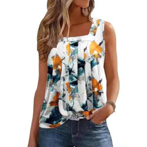 image:imageZeagoo Womens Tank Tops Summer Sleeveless Loose Fit Square Neck Pleated Shirts Banded Basic Casual Trendy ClothesFmulti Teal