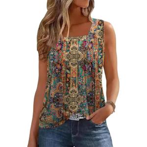 image:imageZeagoo Womens Tank Tops Summer Sleeveless Loose Fit Square Neck Pleated Shirts Banded Basic Casual Trendy ClothesPattern 721