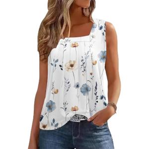 image:imageZeagoo Womens Tank Tops Summer Sleeveless Loose Fit Square Neck Pleated Shirts Banded Basic Casual Trendy ClothesPattern Bf290