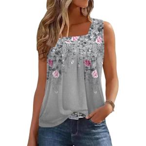 image:imageZeagoo Womens Tank Tops Summer Sleeveless Loose Fit Square Neck Pleated Shirts Banded Basic Casual Trendy ClothesPattern Hf36