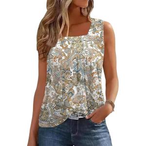 image:imageZeagoo Womens Tank Tops Summer Sleeveless Loose Fit Square Neck Pleated Shirts Banded Basic Casual Trendy ClothesPattern Mz453