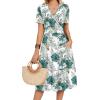 image:imageZeagoo Womens Summer Warp VNeck Casual Dresses Short Sleeve Midi Floral Dress with Pockets Tiered Flowy A Line SundressWhite Green Leaf