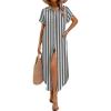 image:imageZeagoo Womens Summer Casual Short Sleeve Button Down Long Shirt Dresses Loose Swimsuit Beach Cover Ups with PocketsBlack Wide Stripes