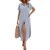 image:imageZeagoo Womens Summer Casual Short Sleeve Button Down Long Shirt Dresses Loose Swimsuit Beach Cover Ups with PocketsBlue Wide Stripes