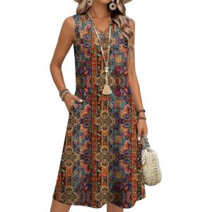 image:imageZeagoo Sundresses Dresses for Women 2026 Summer Sleeveless V Neck Casual Midi Tank Beach Vacation Dresses with Pockets01mz721
