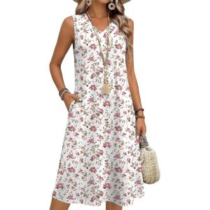 image:imageZeagoo Sundresses Dresses for Women 2026 Summer Sleeveless V Neck Casual Midi Tank Beach Vacation Dresses with PocketsBf310