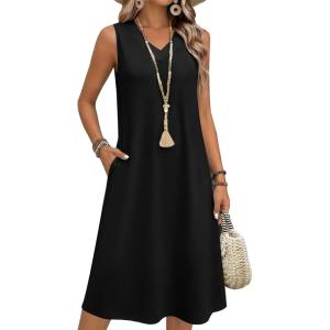 image:imageZeagoo Sundresses Dresses for Women 2026 Summer Sleeveless V Neck Casual Midi Tank Beach Vacation Dresses with PocketsBlack