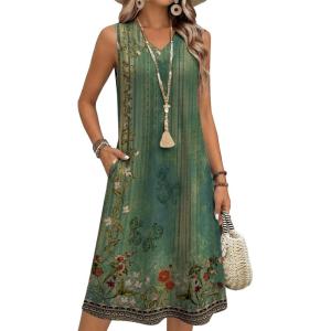 image:imageZeagoo Sundresses Dresses for Women 2026 Summer Sleeveless V Neck Casual Midi Tank Beach Vacation Dresses with PocketsMz840