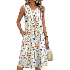 image:imageZeagoo Sundresses Dresses for Women 2026 Summer Sleeveless V Neck Casual Midi Tank Beach Vacation Dresses with PocketsWf109