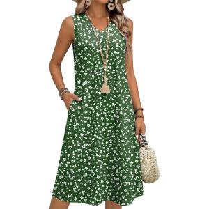 image:imageZeagoo Sundresses Dresses for Women 2026 Summer Sleeveless V Neck Casual Midi Tank Beach Vacation Dresses with PocketsXh527
