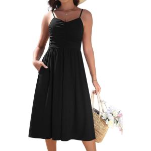 image:imageZeagoo Women 2026 Summer Adjustable Spaghetti Strap Sundress Casual Ruched Floral V Neck Midi Flowy Beach Dress with PocketsBlack