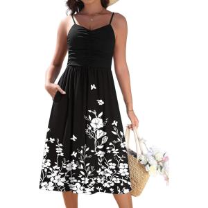 image:imageZeagoo Women 2026 Summer Adjustable Spaghetti Strap Sundress Casual Ruched Floral V Neck Midi Flowy Beach Dress with PocketsBlack Floral