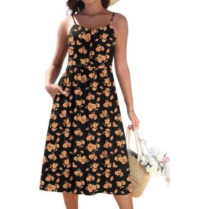 image:imageZeagoo Women 2026 Summer Adjustable Spaghetti Strap Sundress Casual Ruched Floral V Neck Midi Flowy Beach Dress with PocketsBlack Orange Floral