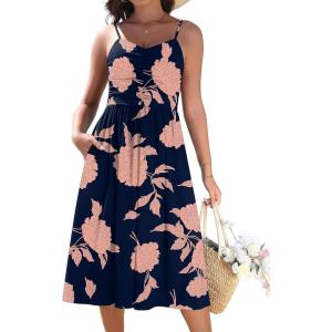 image:imageZeagoo Women 2026 Summer Adjustable Spaghetti Strap Sundress Casual Ruched Floral V Neck Midi Flowy Beach Dress with PocketsBlack Pink Floral