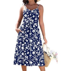 image:imageZeagoo Women 2026 Summer Adjustable Spaghetti Strap Sundress Casual Ruched Floral V Neck Midi Flowy Beach Dress with PocketsBlue White Floral