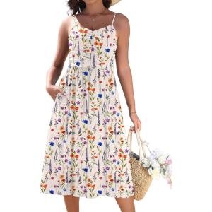 image:imageZeagoo Women 2026 Summer Adjustable Spaghetti Strap Sundress Casual Ruched Floral V Neck Midi Flowy Beach Dress with PocketsColorful Floral