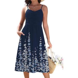 image:imageZeagoo Women 2026 Summer Adjustable Spaghetti Strap Sundress Casual Ruched Floral V Neck Midi Flowy Beach Dress with PocketsNavy Blue Floral
