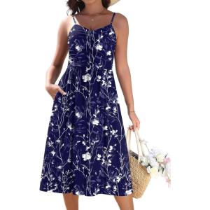 image:imageZeagoo Women 2026 Summer Adjustable Spaghetti Strap Sundress Casual Ruched Floral V Neck Midi Flowy Beach Dress with PocketsNavy Floral