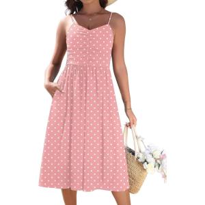 image:imageZeagoo Women 2026 Summer Adjustable Spaghetti Strap Sundress Casual Ruched Floral V Neck Midi Flowy Beach Dress with PocketsPink Polka Dots