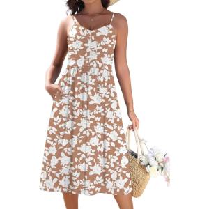 image:imageZeagoo Women 2026 Summer Adjustable Spaghetti Strap Sundress Casual Ruched Floral V Neck Midi Flowy Beach Dress with PocketsPink White Floral
