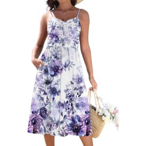 image:imageZeagoo Women 2026 Summer Adjustable Spaghetti Strap Sundress Casual Ruched Floral V Neck Midi Flowy Beach Dress with PocketsPurple Floral