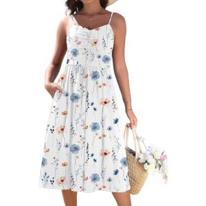 image:imageZeagoo Women 2026 Summer Adjustable Spaghetti Strap Sundress Casual Ruched Floral V Neck Midi Flowy Beach Dress with PocketsWhite Floral