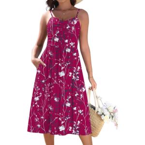image:imageZeagoo Women 2026 Summer Adjustable Spaghetti Strap Sundress Casual Ruched Floral V Neck Midi Flowy Beach Dress with PocketsWine Red Floral