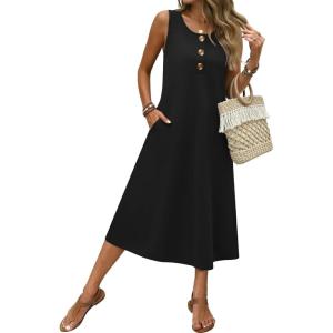 image:imageZeagoo Women Beach Summer Midi Dress 2026 Sleeveless Casual Beachy Sundress Button Down Loose Tank Dresses with PocketsBlack