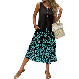 image:imageZeagoo Women Beach Summer Midi Dress 2026 Sleeveless Casual Beachy Sundress Button Down Loose Tank Dresses with PocketsBlack Green