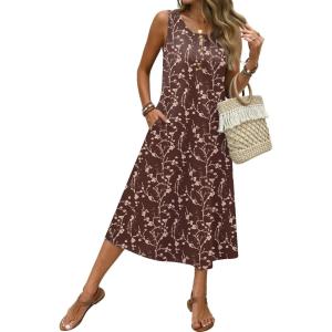 image:imageZeagoo Women Beach Summer Midi Dress 2026 Sleeveless Casual Beachy Sundress Button Down Loose Tank Dresses with PocketsCoffee