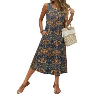image:imageZeagoo Women Beach Summer Midi Dress 2026 Sleeveless Casual Beachy Sundress Button Down Loose Tank Dresses with PocketsEthnic Blue