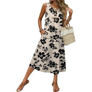 image:imageZeagoo Women Beach Summer Midi Dress 2026 Sleeveless Casual Beachy Sundress Button Down Loose Tank Dresses with PocketsFloral Black