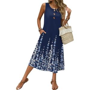 image:imageZeagoo Women Beach Summer Midi Dress 2026 Sleeveless Casual Beachy Sundress Button Down Loose Tank Dresses with PocketsFloral Blue